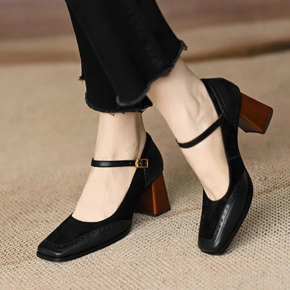 Women's Square Toe Block Heel Pumps Ankle Strap — close-up