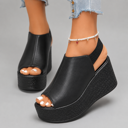 Women's Leather Peep-Toe Wedge Platform Sandals — side view
