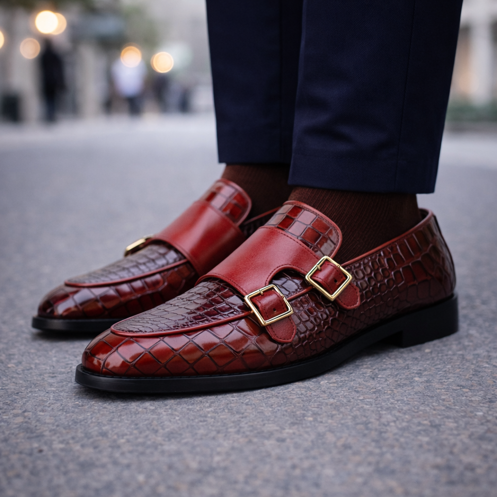 Men's Croc-Embossed Leather Monk Strap Shoes — front view