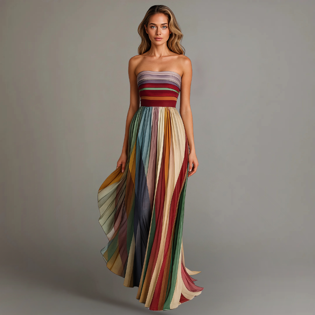 Multicolored striped strapless maxi dress with pleated skirt — front view