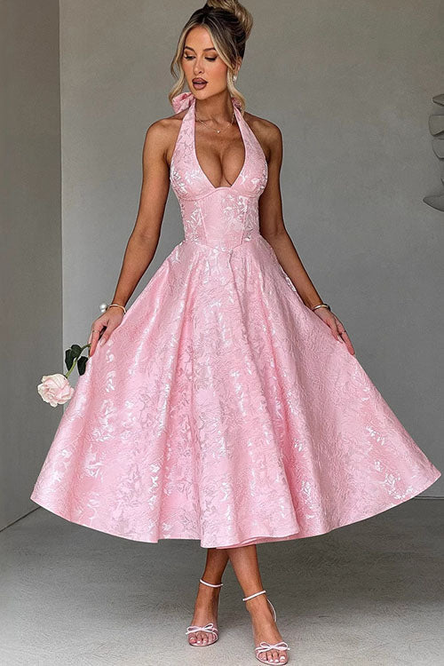 Pink jacquard halter neck midi dress with full skirt — front view