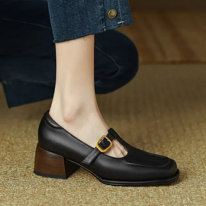 Women's T-Strap Mary Jane Shoes Square Toe Low Block Heel — front view