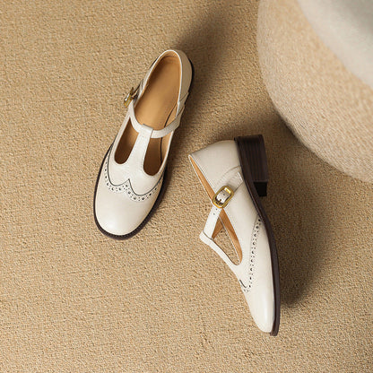 Women's Leather Brogue T-Strap Mary Janes — close-up