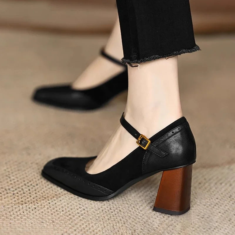 Women's Square Toe Block Heel Pumps Ankle Strap — detail view