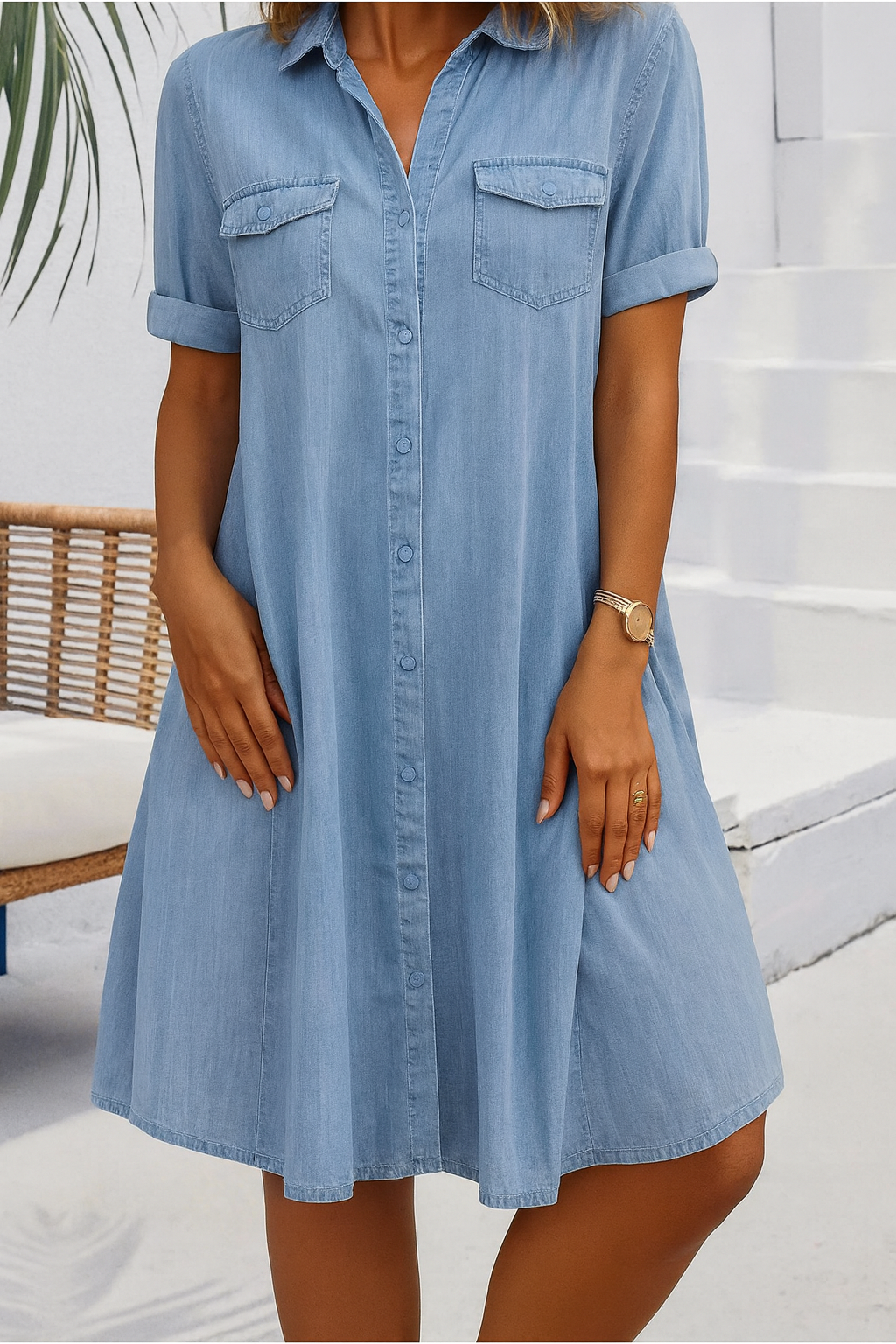Light blue denim shirt dress with button front and rolled sleeves — front view