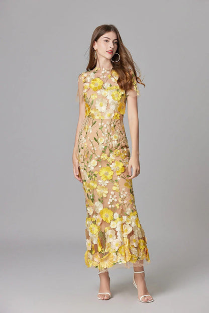 Women's Floral Appliqué Summer Gala Maxi Dress — side view