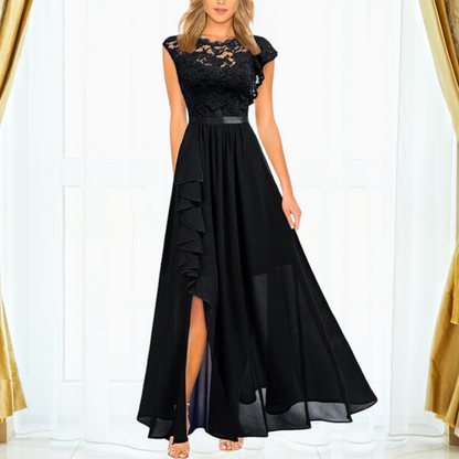 Black lace bodice evening gown with chiffon maxi skirt and ruffle slit detail — front view