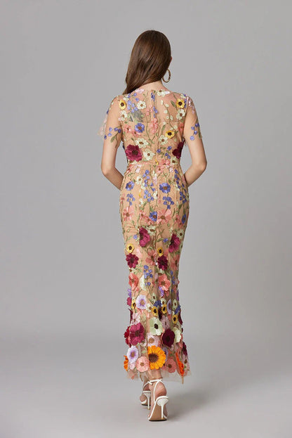 Women's Floral Appliqué Summer Gala Maxi Dress — front view