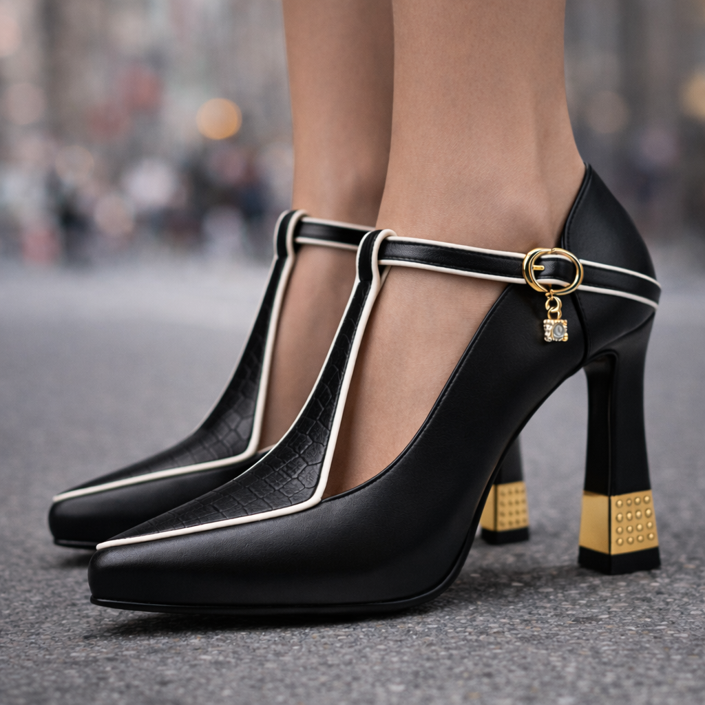 Women's Leather Block Heels with Buckle — front view