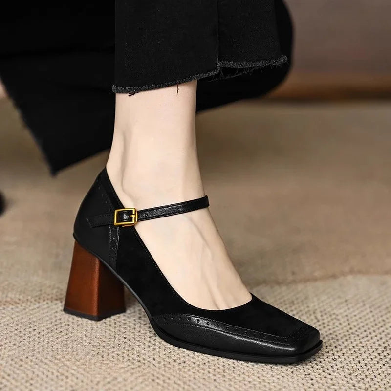 Women's Square Toe Block Heel Pumps Ankle Strap — side view