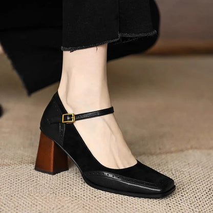 Women's Square Toe Block Heel Pumps Ankle Strap — side view