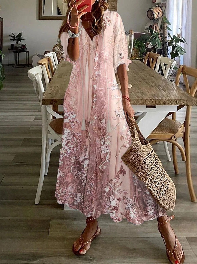 Women's pink floral lace maxi dress with flutter sleeves — full length front view