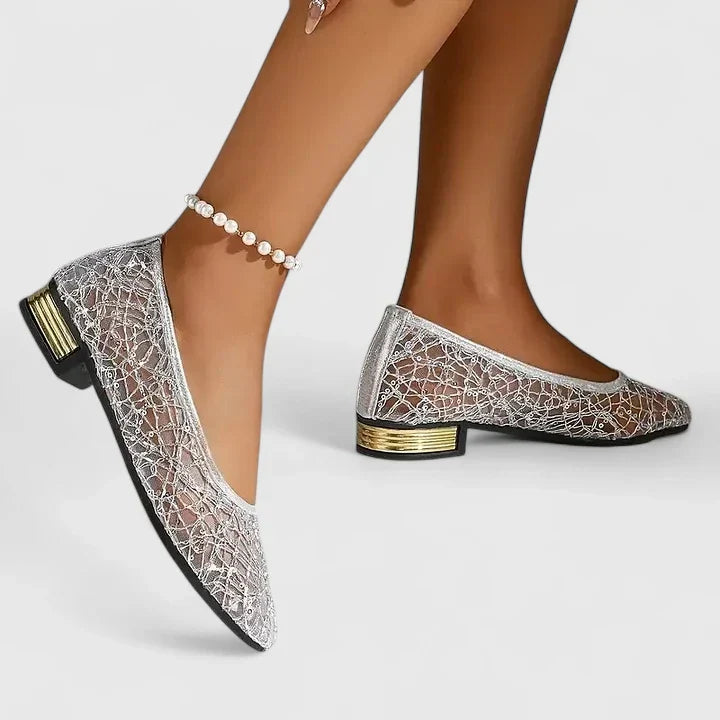 Women's Lace Pointed Toe Flats Low Block Heel — side view