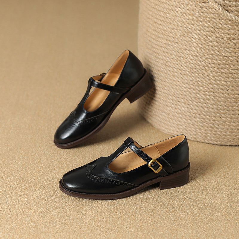 Women's Leather Brogue T-Strap Mary Janes — front view