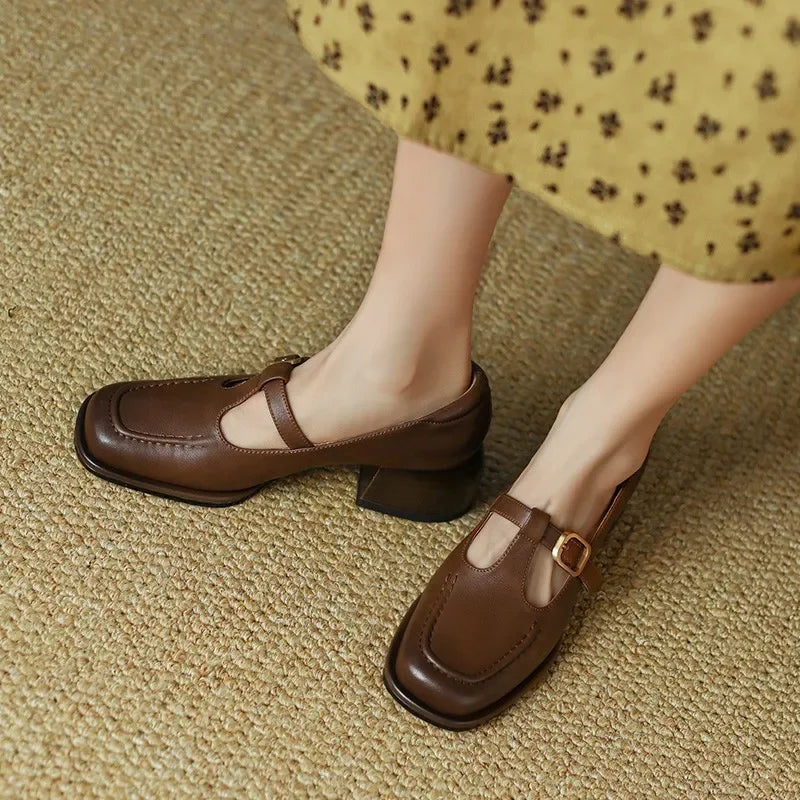 Women's T-Strap Mary Jane Shoes Square Toe Low Block Heel — detail view