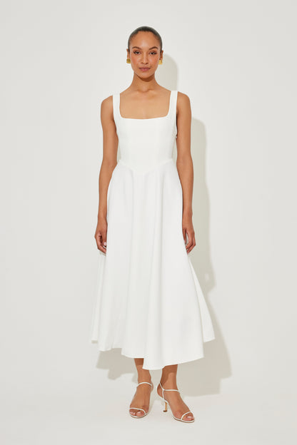 White midi dress with square neckline and full skirt — front view