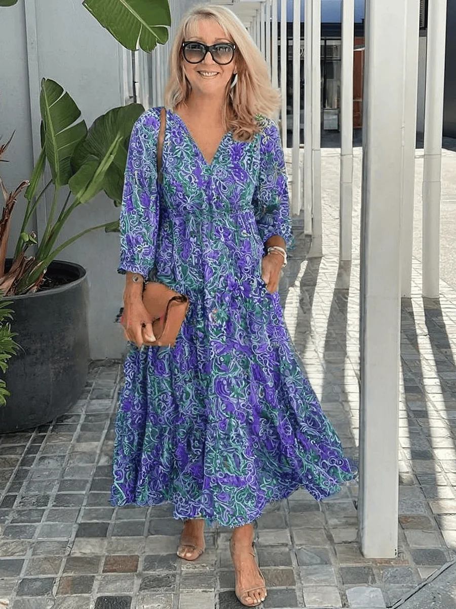 Women's Floral Boho Vacation Midi Dress — close-up