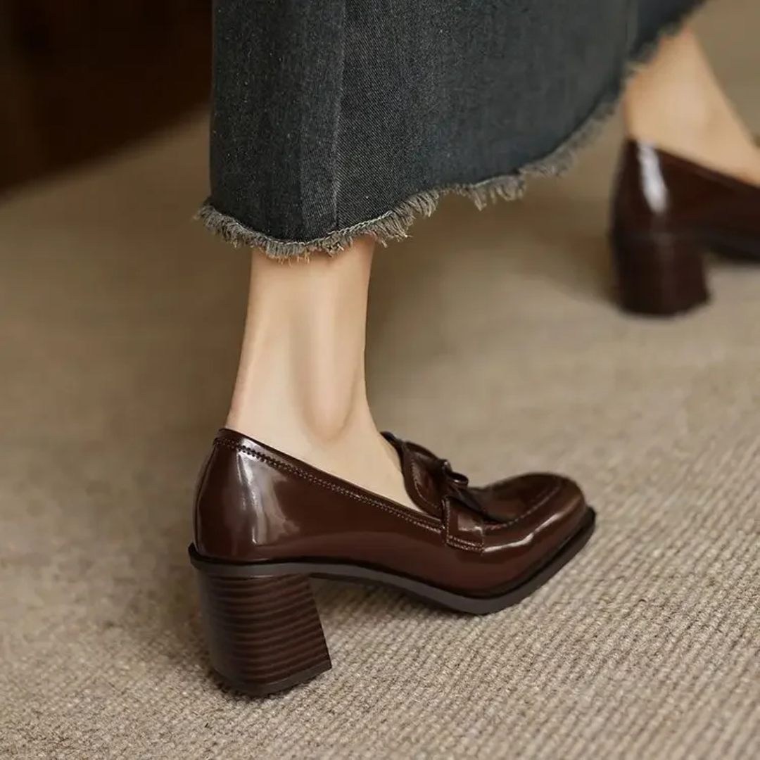 Women's Tassel Block Heel Loafer Pumps Round Toe — side view