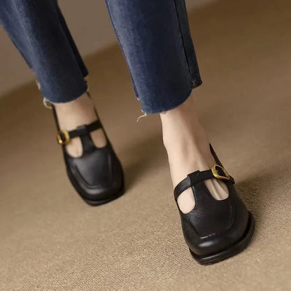 Women's T-Strap Mary Jane Shoes Square Toe Low Block Heel — side view