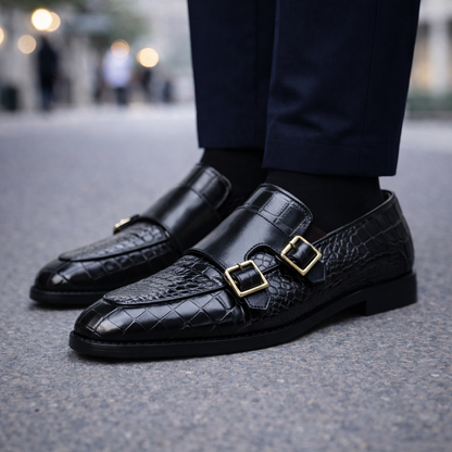 Men's Croc-Embossed Leather Monk Strap Shoes — side view