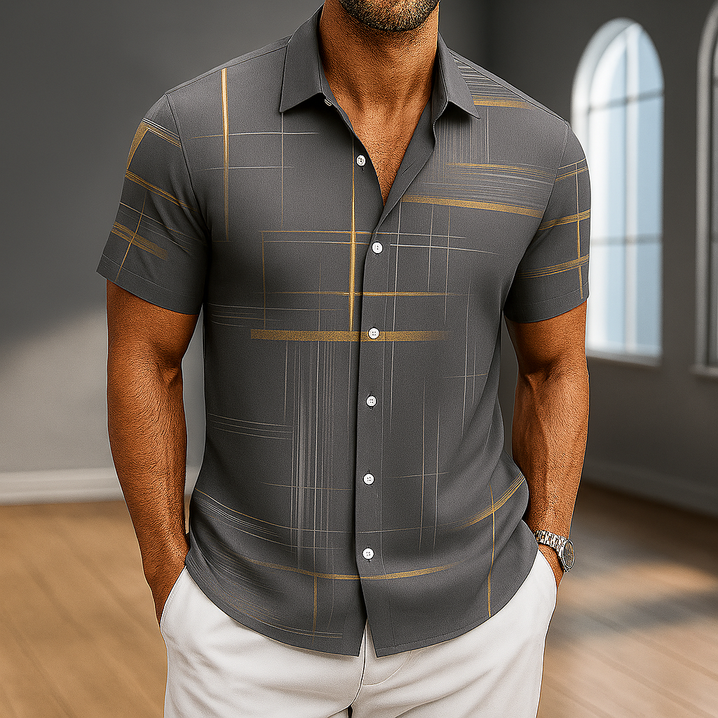 Men's Silk-Blend Grid Print Button-Up Shirt — detail view