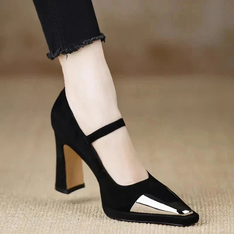 Women's Mary Jane Block Heel Pumps Cap Toe — close-up