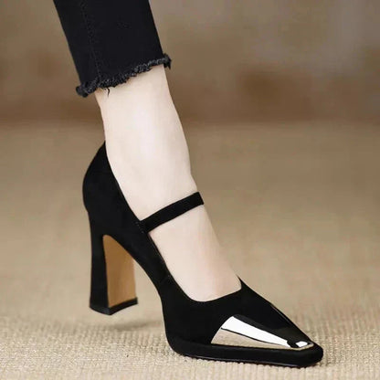 Women's Mary Jane Block Heel Pumps Cap Toe — close-up