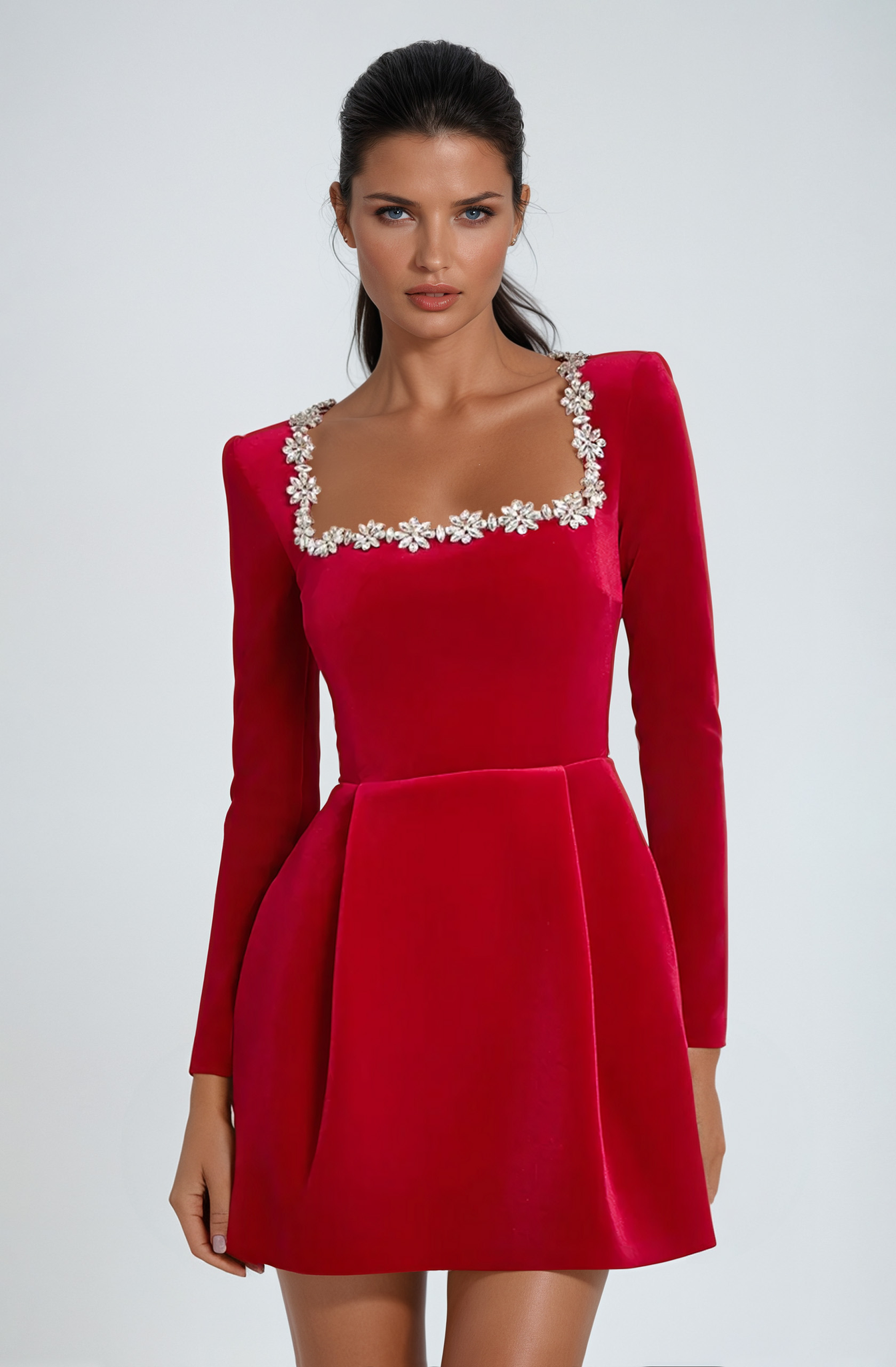 Long Sleeve Velvet Mini Dress with Embellished Neckline