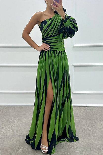 Women's Striped One-Shoulder Wedding Guest Maxi Dress — front view