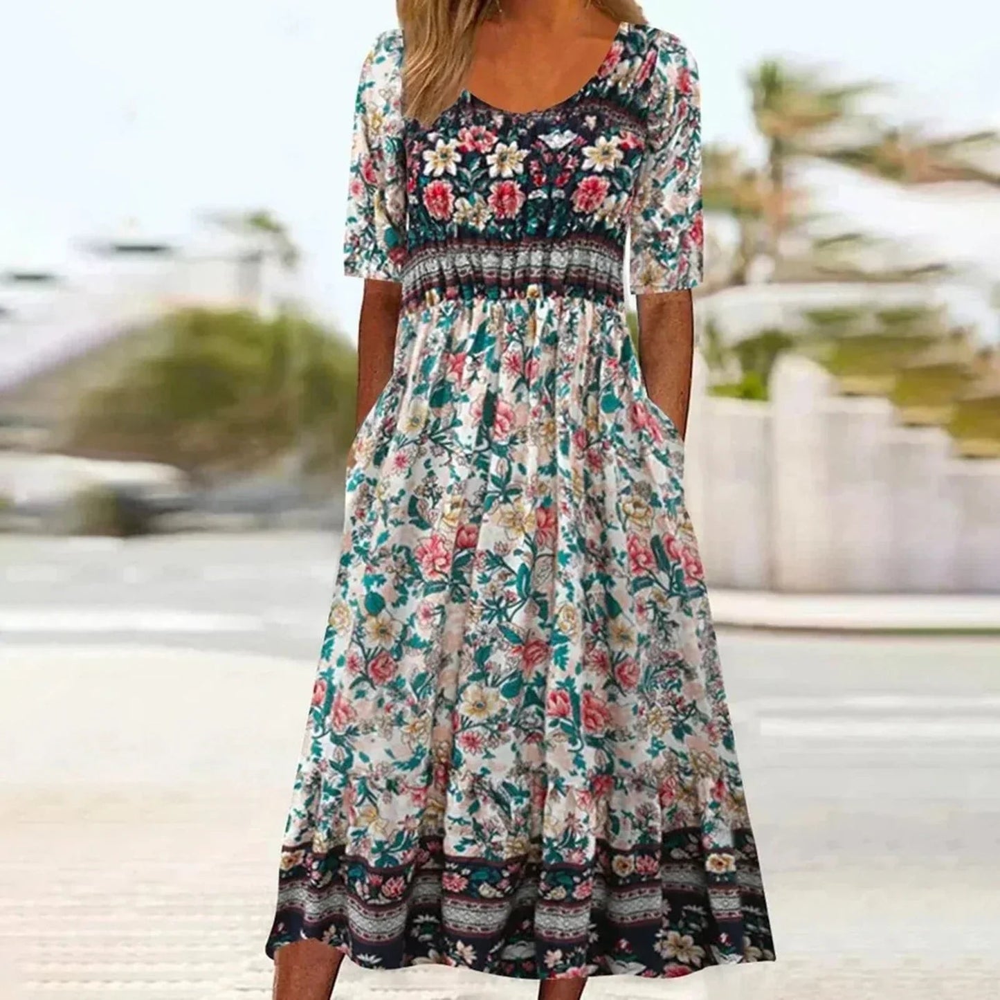 Women's Boho Print Casual Summer Midi Dress — front view