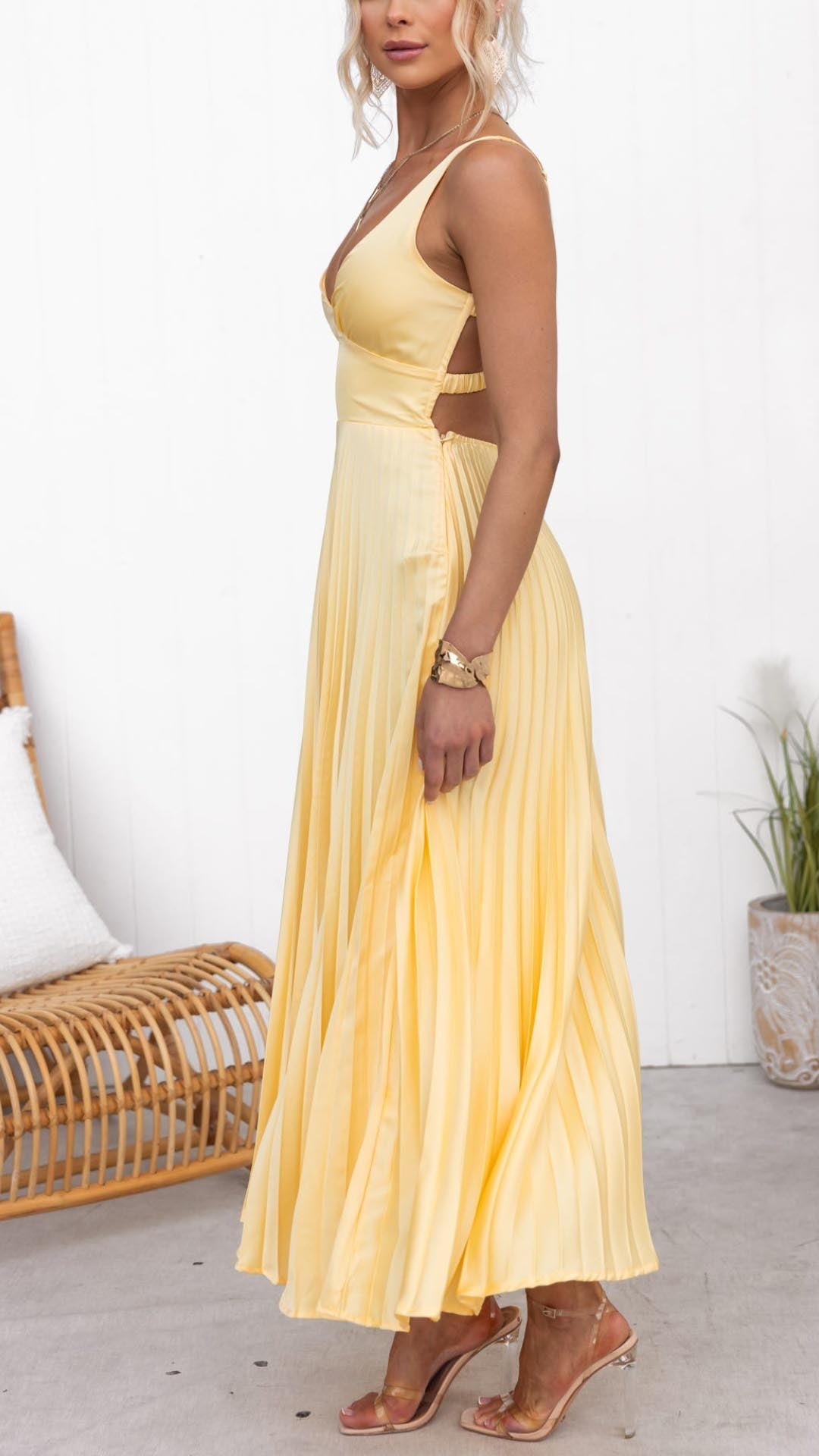 Women's Pleated V-Neck Evening Maxi Dress — detail view