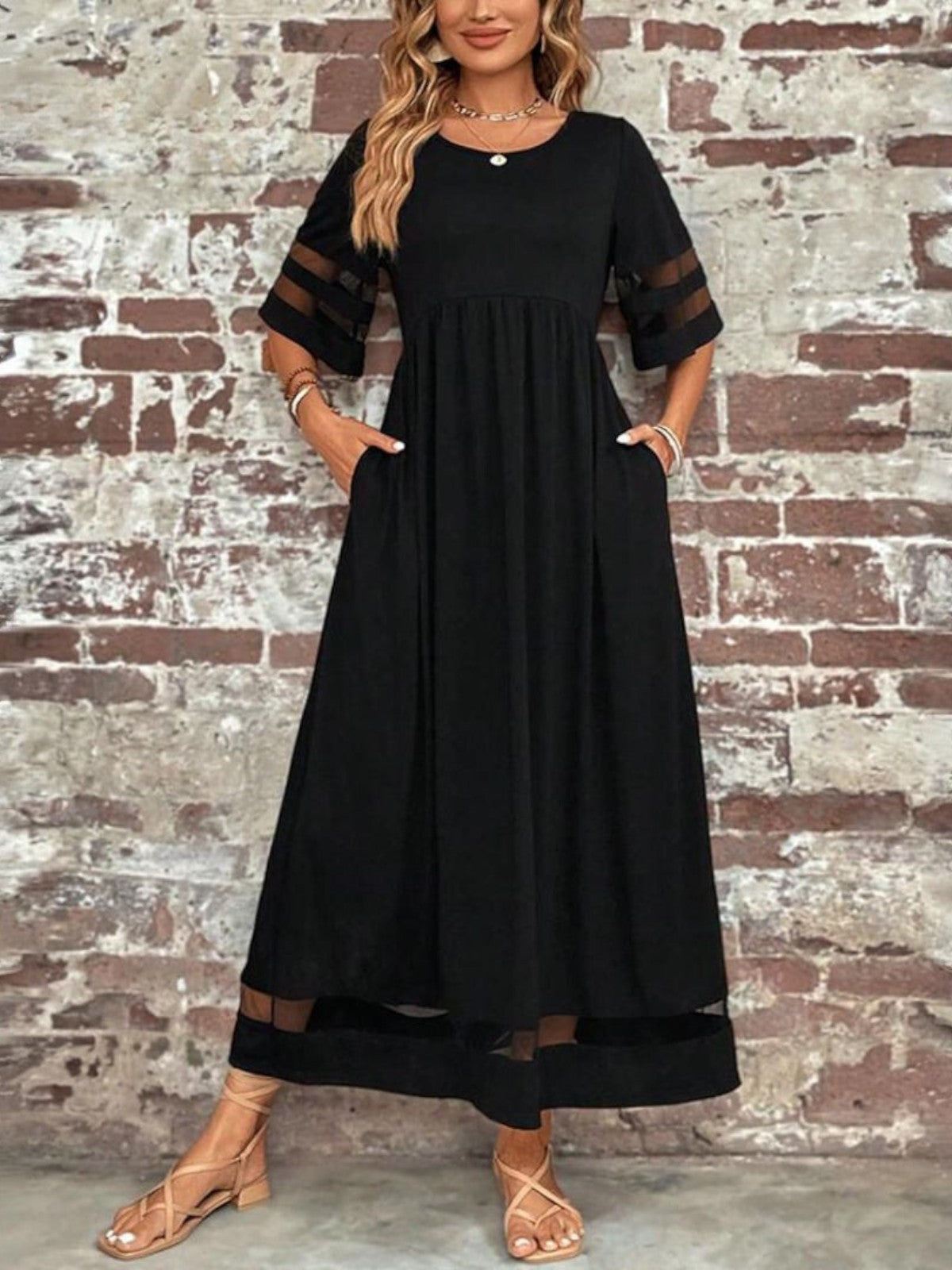 Mesh Panel Sleeve Midi Dress for Women