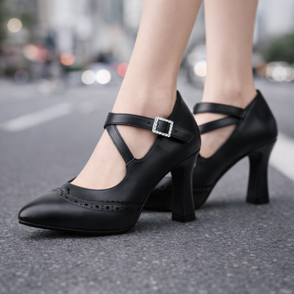 Women's Leather T-Strap Block Heels — front view