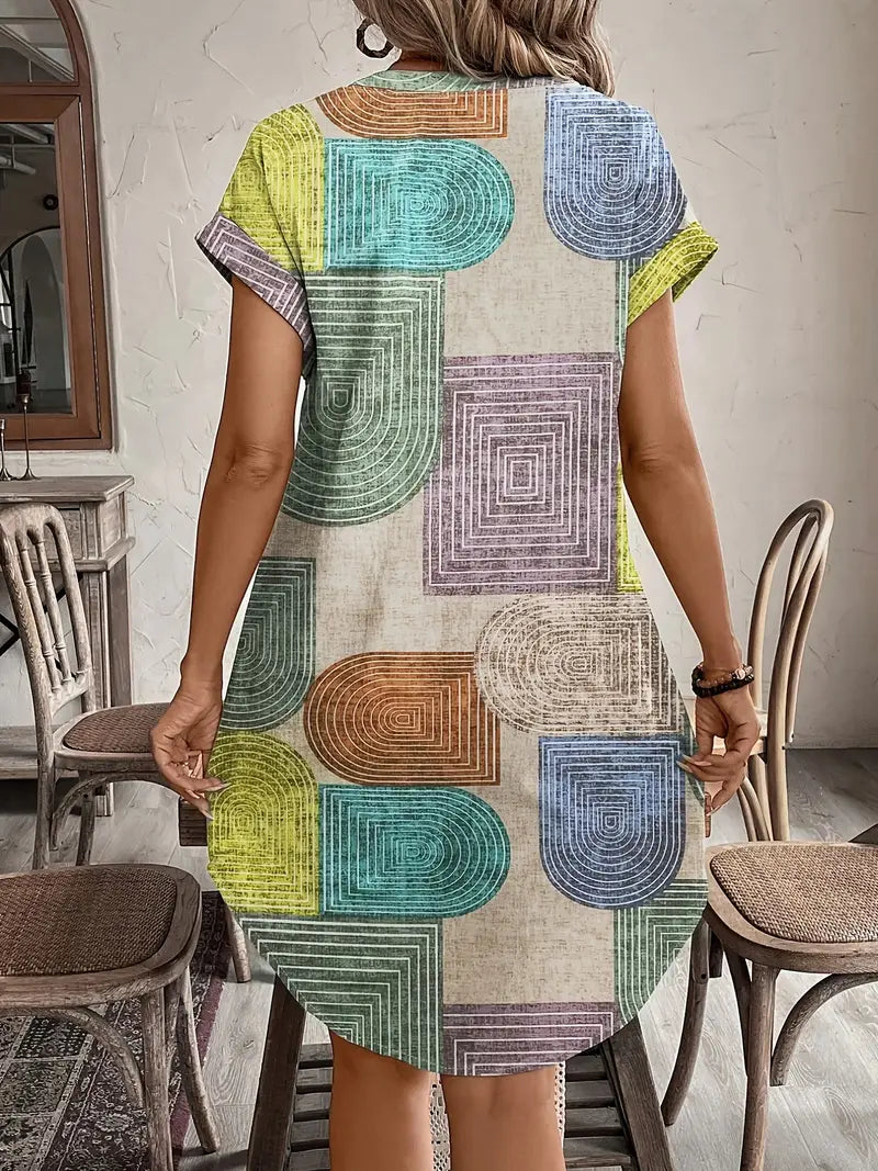 Button-Front Geometric Print Mini Dress for Women