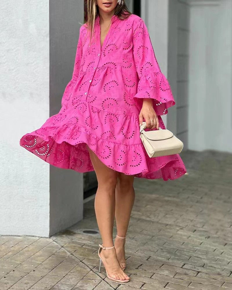 Pink eyelet lace tiered mini dress with bell sleeves and V-neck — front view