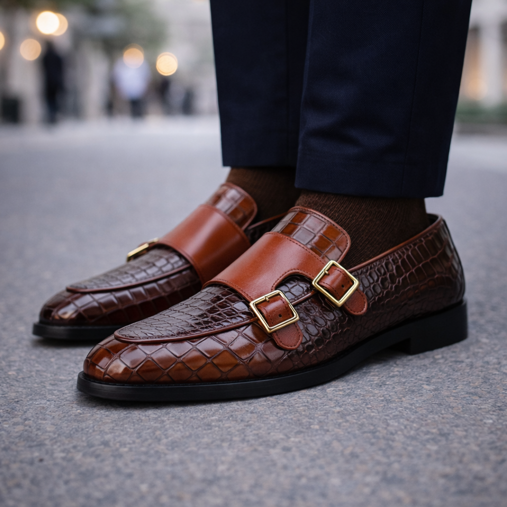 Men's Croc-Embossed Leather Monk Strap Shoes — product view