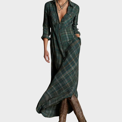 Green plaid flannel maxi shirt dress with chest pockets and rolled sleeves — front view