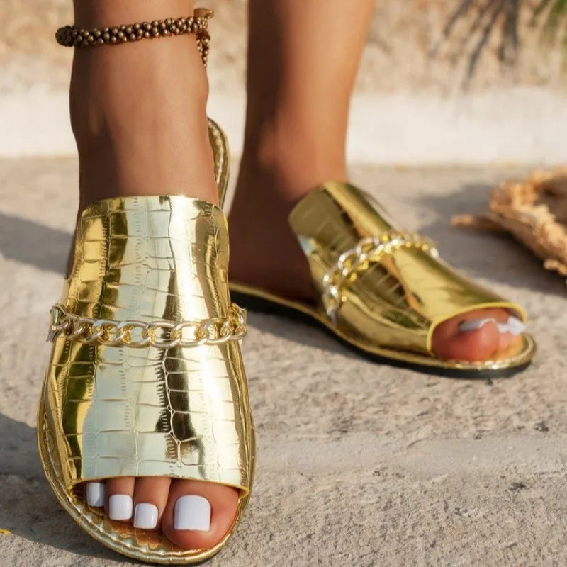 Chain Detail Flat Slide Sandals for Women — close-up