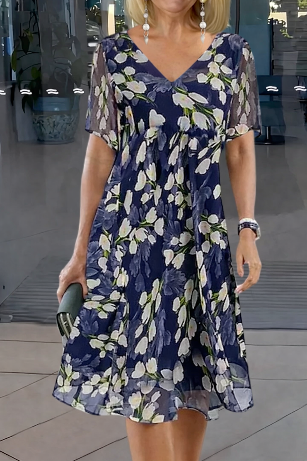 Navy floral print V-neck midi dress with short sleeves — front view