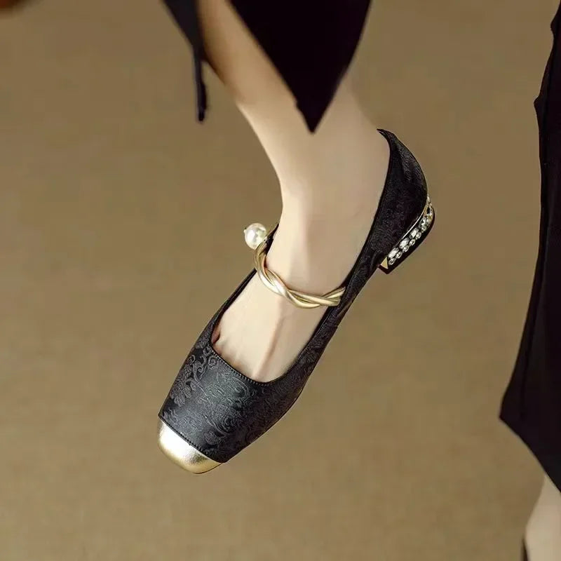Women's Pearl Strap Mary Jane Block Heels — close-up