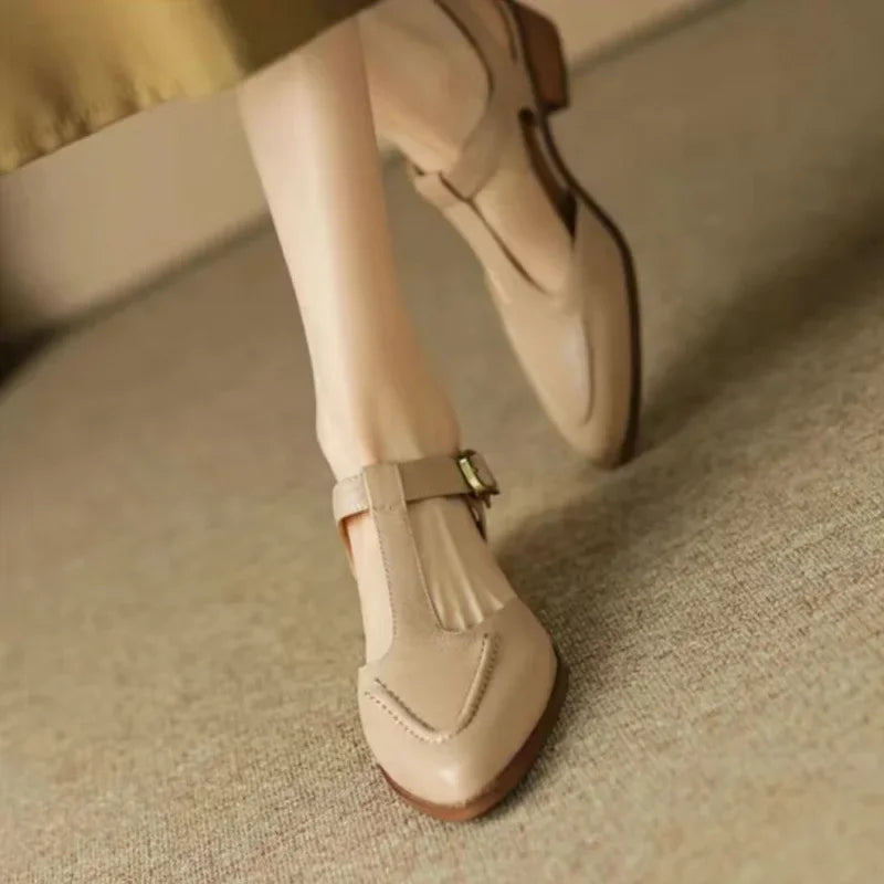 Women's T-Strap Buckle Shoes Pointed Toe Low Heel — detail view