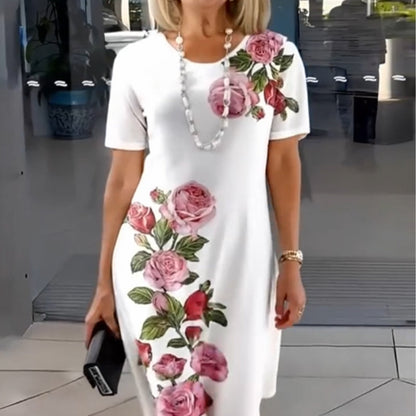 Floral Print Short Sleeve Midi Dress for Women — close-up