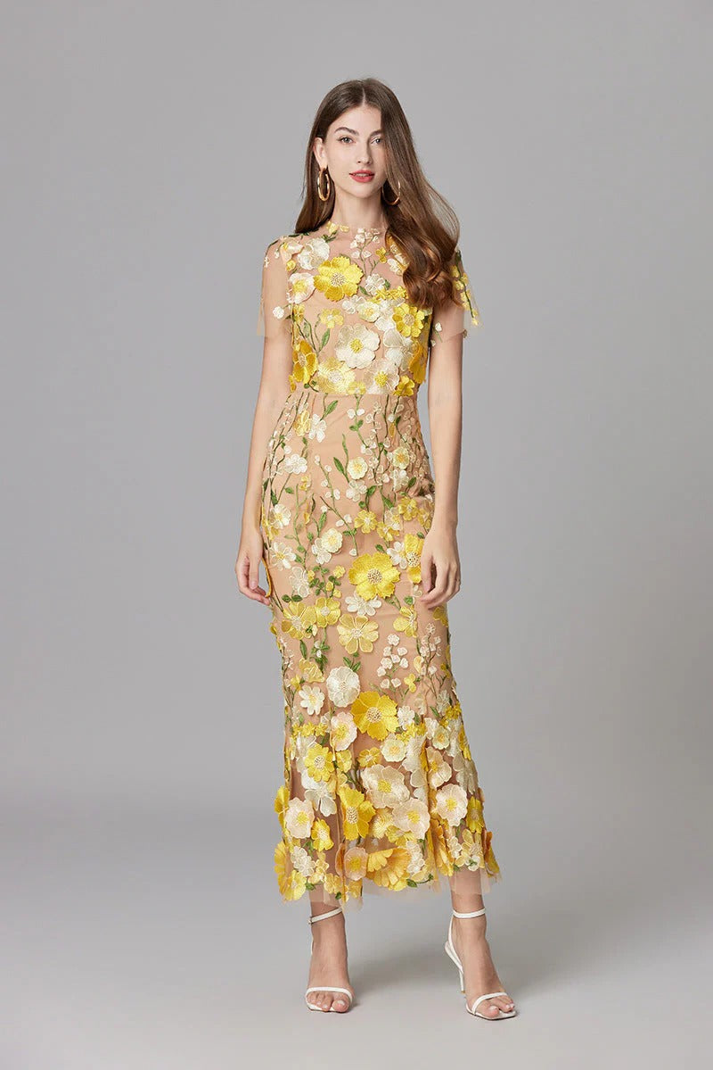 Women's Floral Appliqué Summer Gala Maxi Dress — detail view