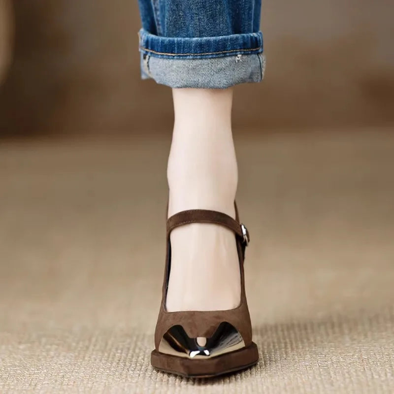 Women's Mary Jane Block Heel Pumps Cap Toe — side view