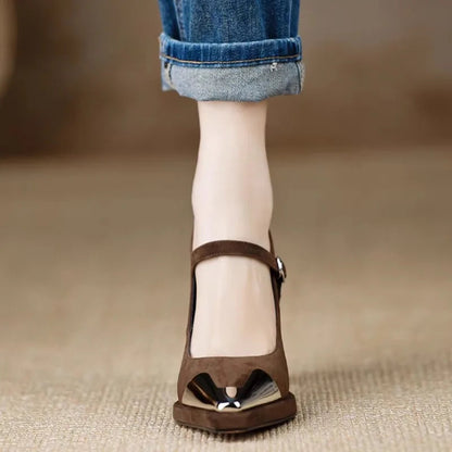 Women's Mary Jane Block Heel Pumps Cap Toe — side view