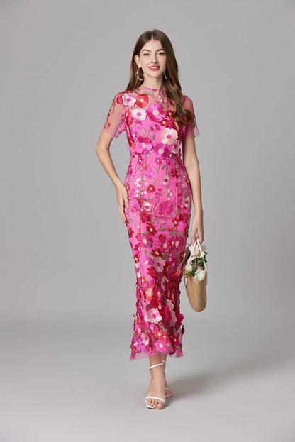 Floral Appliqué Mesh Maxi Dress for Women
