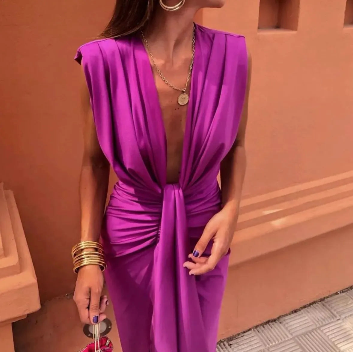 Deep V-Neck Wrap Midi Dress for Women