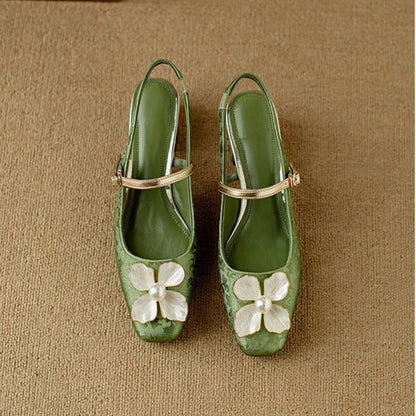 Women's Floral Mary Jane Block Heel Pumps — side view