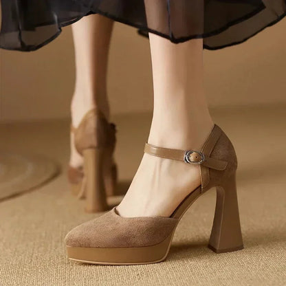 Women's Platform Block Heel Pumps Ankle Strap High Heels — front view