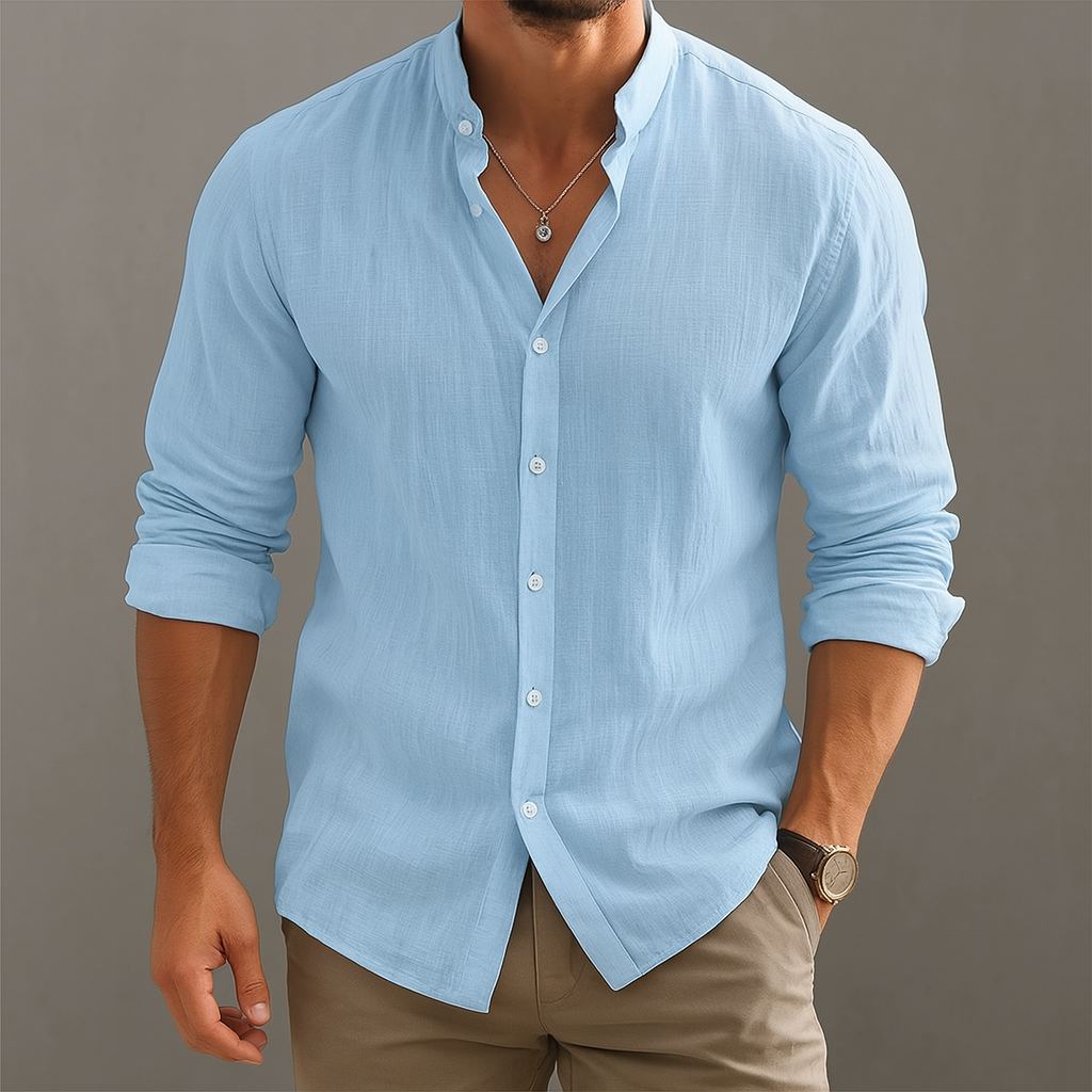 Men's Pure Linen Band Collar Shirt — close-up